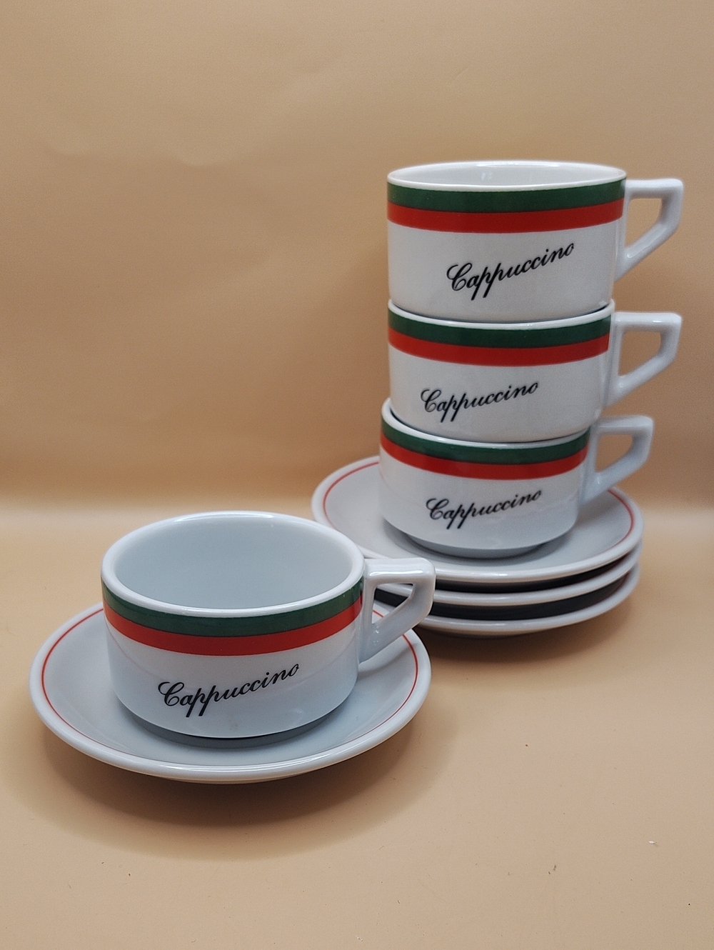 BIA Cordon Bleu Cappuccino Cup and Saucer Set with Green and Red Stripe, Brazil